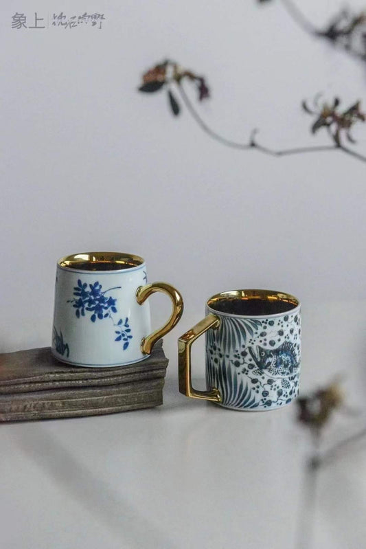 Hand-Drawn Fish and Floral Coffee Cups (pair)